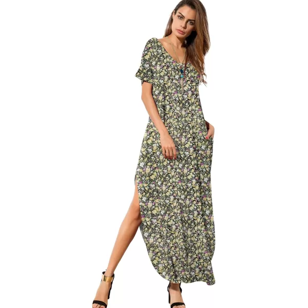 GRECERELLE Women's Casual Loose Pocket Long Dress Short Sleeve Split Maxi Dresses