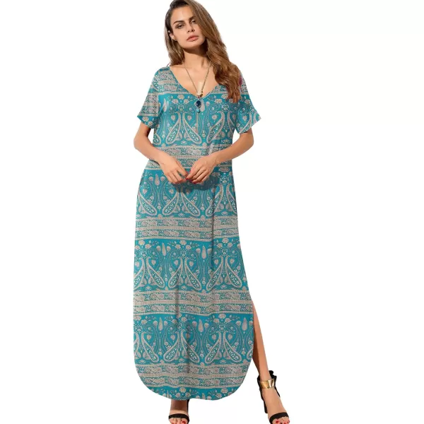 GRECERELLE Women's Casual Loose Pocket Long Dress Short Sleeve Split Maxi Dresses