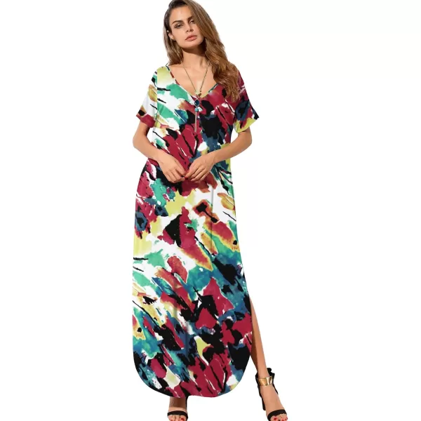 GRECERELLE Women's Casual Loose Pocket Long Dress Short Sleeve Split Maxi Dresses