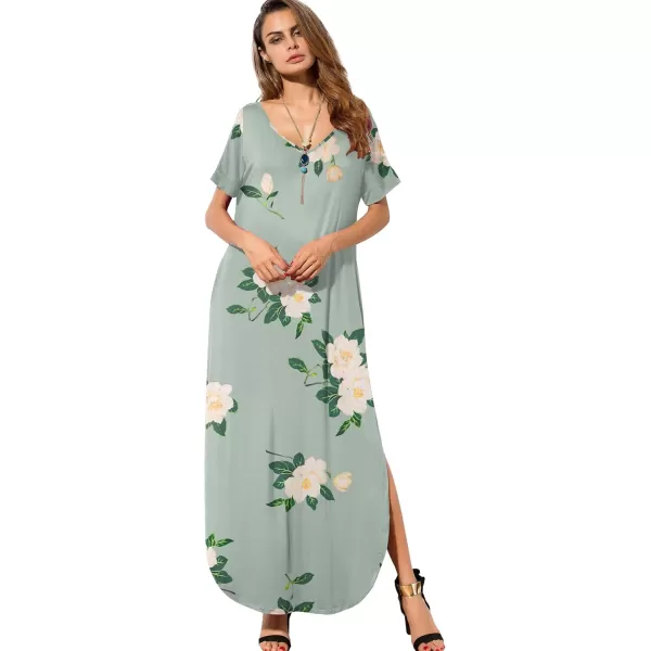 GRECERELLE Women's Casual Loose Pocket Long Dress Short Sleeve Split Maxi Dresses