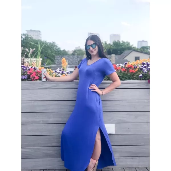 GRECERELLE Women's Casual Loose Pocket Long Dress Short Sleeve Split Maxi Dresses