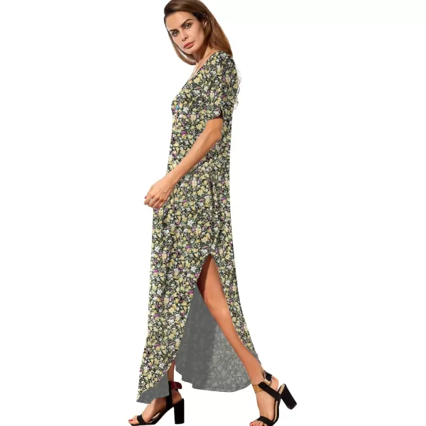 GRECERELLE Women's Casual Loose Pocket Long Dress Short Sleeve Split Maxi Dresses