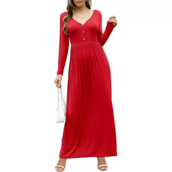 GRECERELLE Womens Maxi Dresses 2024 Long Sleeve V Neck Casual Button Boho Tshirt Long Dress with Pockets