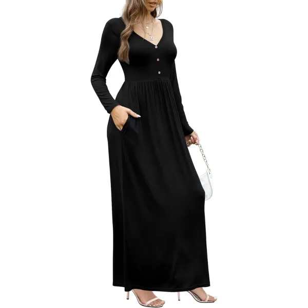 GRECERELLE Womens Maxi Dresses 2024 Long Sleeve V Neck Casual Button Boho Tshirt Long Dress with Pockets