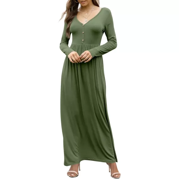 GRECERELLE Womens Maxi Dresses 2024 Long Sleeve V Neck Casual Button Boho Tshirt Long Dress with Pockets