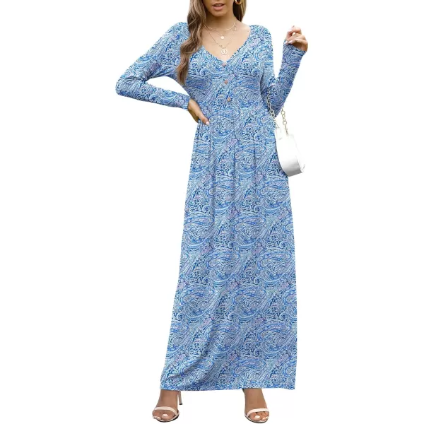 GRECERELLE Womens Maxi Dresses 2024 Long Sleeve V Neck Casual Button Boho Tshirt Long Dress with Pockets