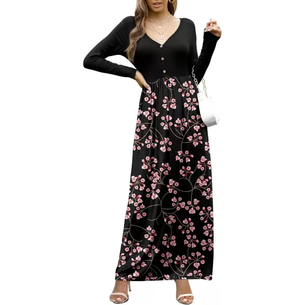 GRECERELLE Womens Maxi Dresses 2024 Long Sleeve V Neck Casual Button Boho Tshirt Long Dress with Pockets