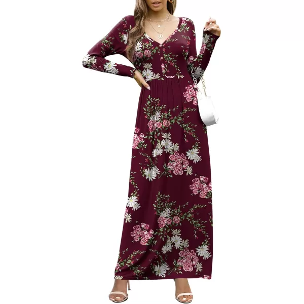 GRECERELLE Womens Maxi Dresses 2024 Long Sleeve V Neck Casual Button Boho Tshirt Long Dress with Pockets