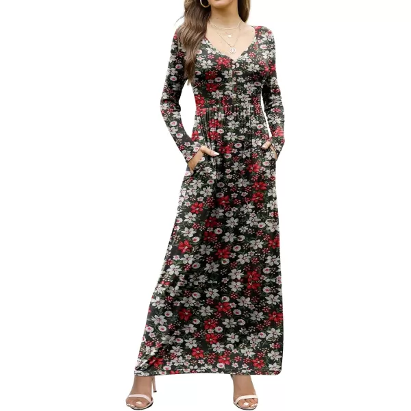 GRECERELLE Womens Maxi Dresses 2024 Long Sleeve V Neck Casual Button Boho Tshirt Long Dress with Pockets