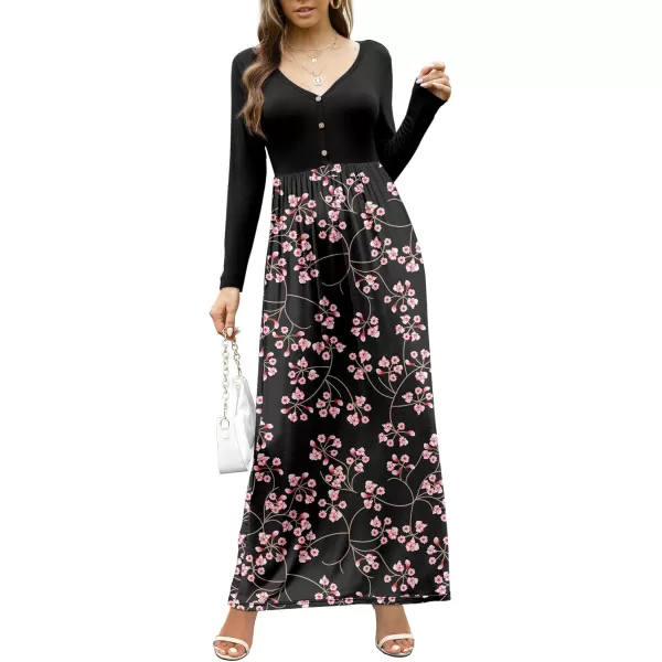 GRECERELLE Womens Maxi Dresses 2024 Long Sleeve V Neck Casual Button Boho Tshirt Long Dress with Pockets