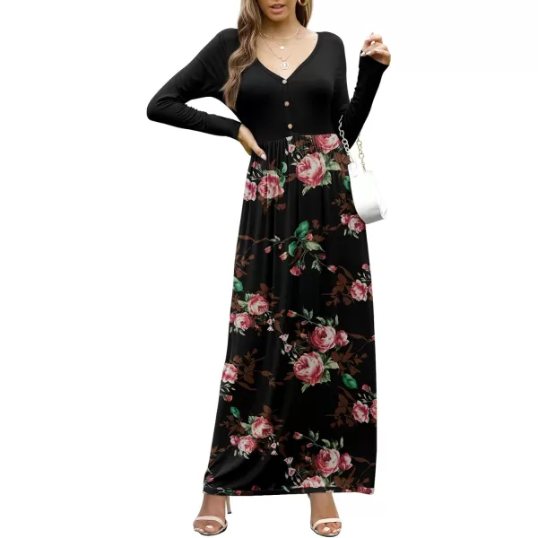 GRECERELLE Womens Maxi Dresses 2024 Long Sleeve V Neck Casual Button Boho Tshirt Long Dress with Pockets