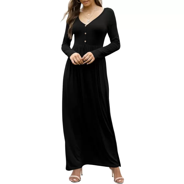 GRECERELLE Womens Maxi Dresses 2024 Long Sleeve V Neck Casual Button Boho Tshirt Long Dress with Pockets