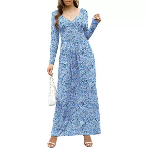 GRECERELLE Womens Maxi Dresses 2024 Long Sleeve V Neck Casual Button Boho Tshirt Long Dress with Pockets