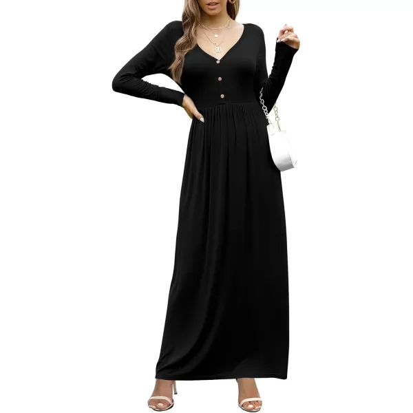 GRECERELLE Womens Maxi Dresses 2024 Long Sleeve V Neck Casual Button Boho Tshirt Long Dress with Pockets