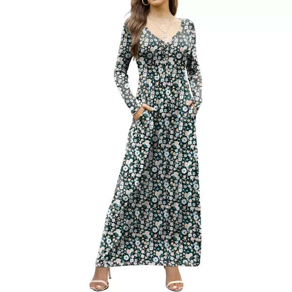 GRECERELLE Womens Maxi Dresses 2024 Long Sleeve V Neck Casual Button Boho Tshirt Long Dress with Pockets