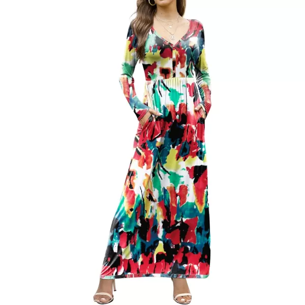 GRECERELLE Womens Maxi Dresses 2024 Long Sleeve V Neck Casual Button Boho Tshirt Long Dress with Pockets