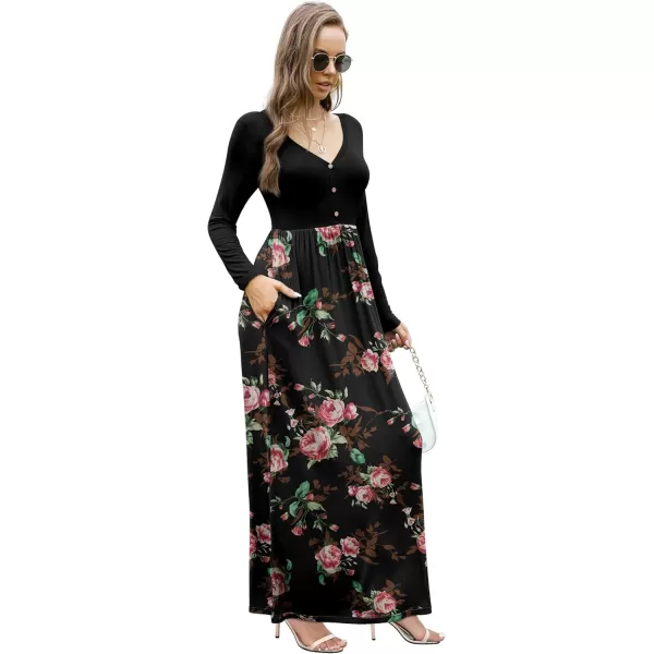 GRECERELLE Womens Maxi Dresses 2024 Long Sleeve V Neck Casual Button Boho Tshirt Long Dress with Pockets