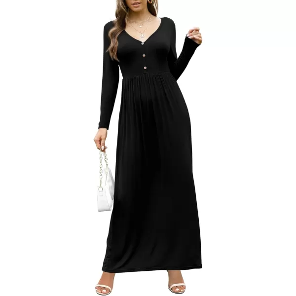 GRECERELLE Womens Maxi Dresses 2024 Long Sleeve V Neck Casual Button Boho Tshirt Long Dress with Pockets