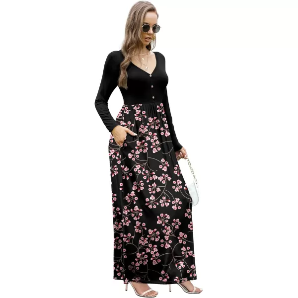 GRECERELLE Womens Maxi Dresses 2024 Long Sleeve V Neck Casual Button Boho Tshirt Long Dress with Pockets