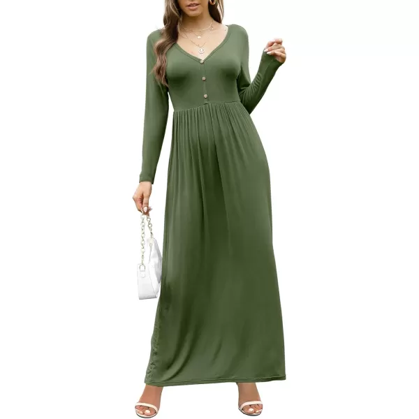 GRECERELLE Womens Maxi Dresses 2024 Long Sleeve V Neck Casual Button Boho Tshirt Long Dress with Pockets