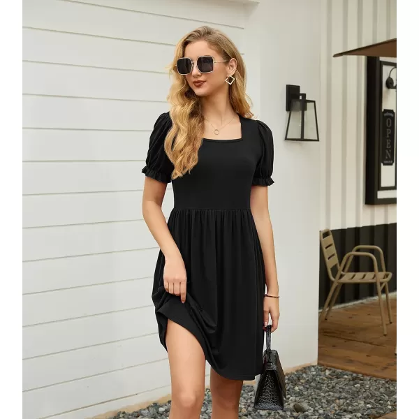GRECERELLE Womens Summer Dresses Square Neck Ruffle Puff Sleeve A-Line Casual Mini Dress