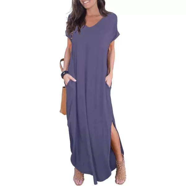 GRECERELLE Women's Casual Loose Pocket Long Dress Short Sleeve Split Maxi Dresses