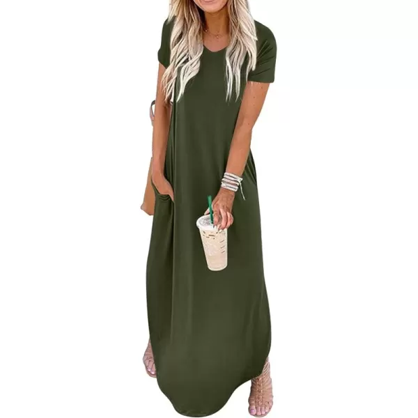 GRECERELLE Women's Casual Loose Pocket Long Dress Short Sleeve Split Maxi Dresses