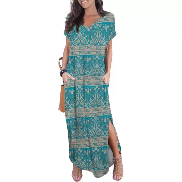 GRECERELLE Women's Casual Loose Pocket Long Dress Short Sleeve Split Maxi Dresses