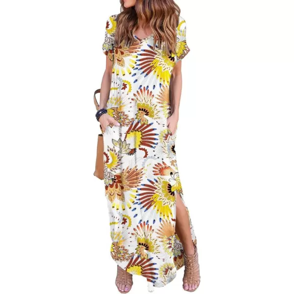 GRECERELLE Women's Casual Loose Pocket Long Dress Short Sleeve Split Maxi Dresses