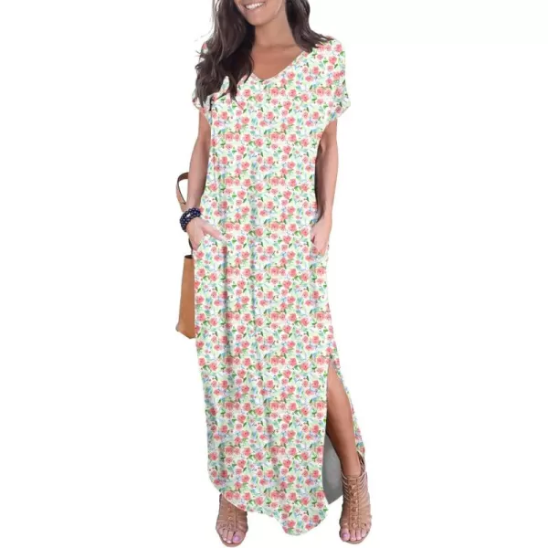 GRECERELLE Women's Casual Loose Pocket Long Dress Short Sleeve Split Maxi Dresses