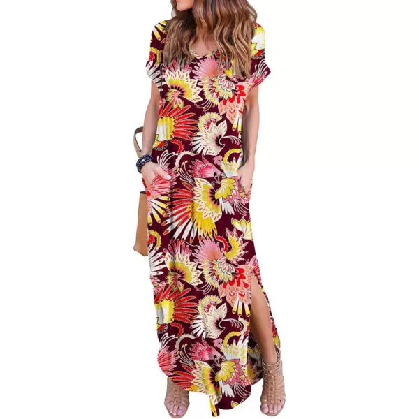 GRECERELLE Women's Casual Loose Pocket Long Dress Short Sleeve Split Maxi Dresses
