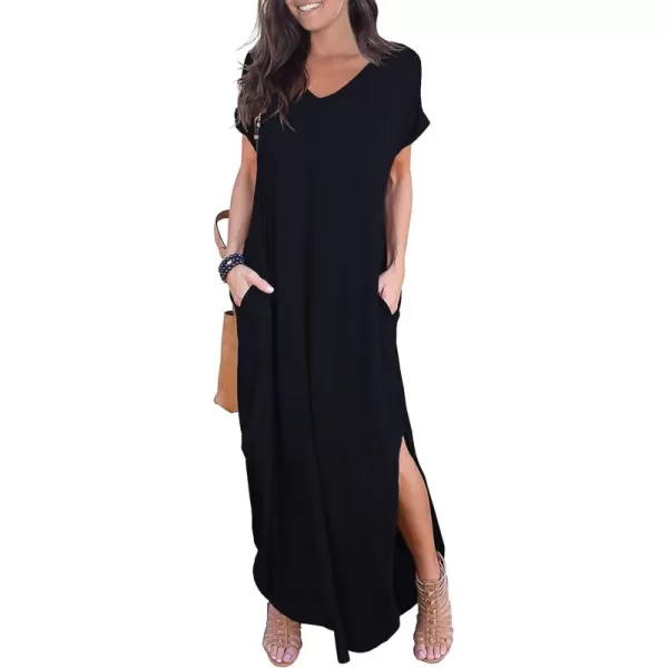 GRECERELLE Women's Casual Loose Pocket Long Dress Short Sleeve Split Maxi Dresses
