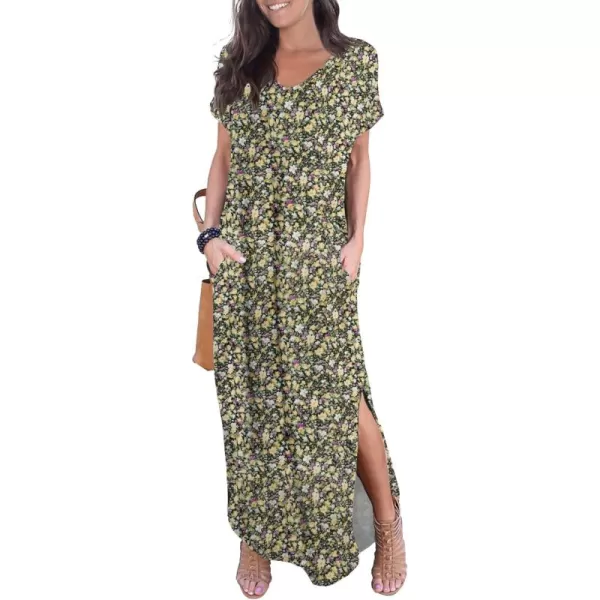 GRECERELLE Women's Casual Loose Pocket Long Dress Short Sleeve Split Maxi Dresses