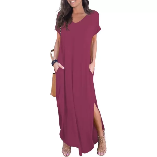 GRECERELLE Women's Casual Loose Pocket Long Dress Short Sleeve Split Maxi Dresses