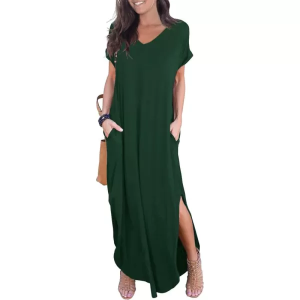 GRECERELLE Women's Casual Loose Pocket Long Dress Short Sleeve Split Maxi Dresses