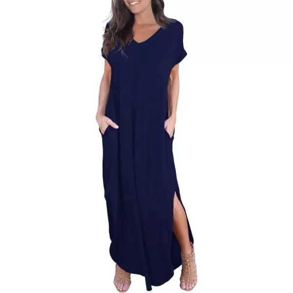 GRECERELLE Women's Casual Loose Pocket Long Dress Short Sleeve Split Maxi Dresses