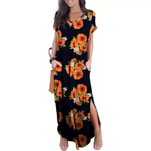 GRECERELLE Women's Casual Loose Pocket Long Dress Short Sleeve Split Maxi Dresses