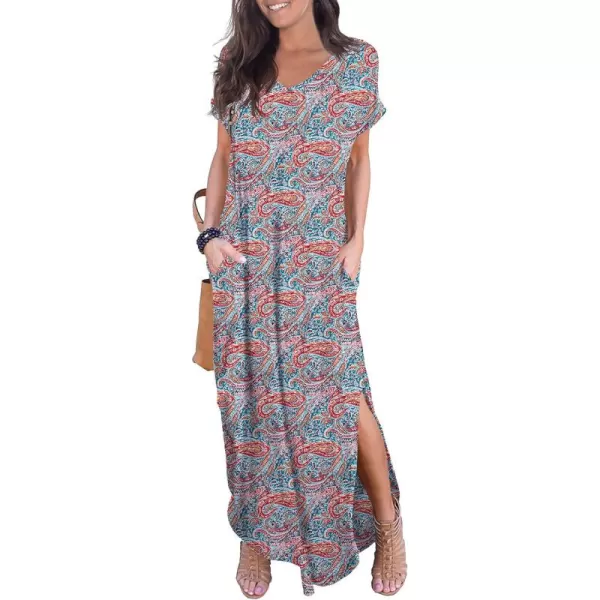 GRECERELLE Women's Casual Loose Pocket Long Dress Short Sleeve Split Maxi Dresses