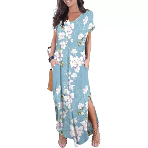 GRECERELLE Women's Casual Loose Pocket Long Dress Short Sleeve Split Maxi Dresses
