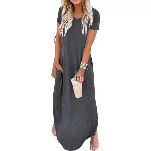 GRECERELLE Women's Casual Loose Pocket Long Dress Short Sleeve Split Maxi Dresses