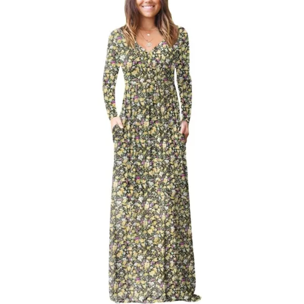 GRECERELLE Womens Maxi Dresses 2024 Long Sleeve V Neck Casual Button Boho Tshirt Long Dress with Pockets