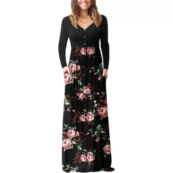 GRECERELLE Womens Maxi Dresses 2024 Long Sleeve V Neck Casual Button Boho Tshirt Long Dress with Pockets