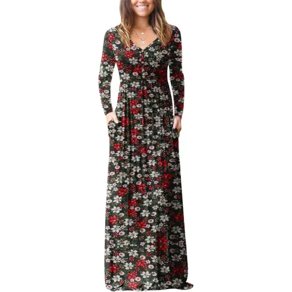 GRECERELLE Womens Maxi Dresses 2024 Long Sleeve V Neck Casual Button Boho Tshirt Long Dress with Pockets