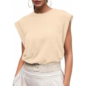imageGRECERELLE Women 2025 Cap Sleeve Tops Summer Casual Tee Shirt Loose Crew Neck Basic Tank Trendy Work Vacation Outfits S2XLBeige