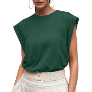 imageGRECERELLE Women 2025 Cap Sleeve Tops Summer Casual Tee Shirt Loose Crew Neck Basic Tank Trendy Work Vacation Outfits S2XLDark Green