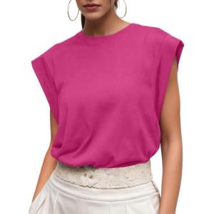 imageGRECERELLE Women 2025 Cap Sleeve Tops Summer Casual Tee Shirt Loose Crew Neck Basic Tank Trendy Work Vacation Outfits S2XLHot Pink