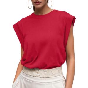 imageGRECERELLE Women 2025 Cap Sleeve Tops Summer Casual Tee Shirt Loose Crew Neck Basic Tank Trendy Work Vacation Outfits S2XLRed