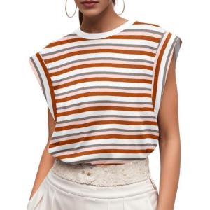 imageGRECERELLE Women 2025 Cap Sleeve Tops Summer Casual Tee Shirt Loose Crew Neck Basic Tank Trendy Work Vacation Outfits S2XLStripe Brown