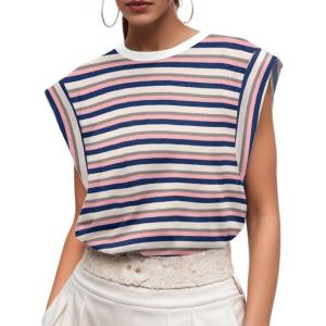 imageGRECERELLE Women 2025 Cap Sleeve Tops Summer Casual Tee Shirt Loose Crew Neck Basic Tank Trendy Work Vacation Outfits S2XLStripe Pink