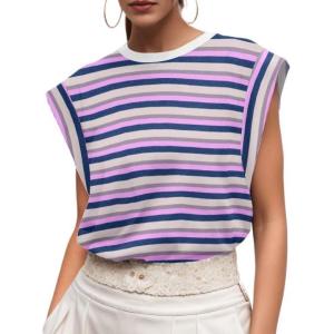 imageGRECERELLE Women 2025 Cap Sleeve Tops Summer Casual Tee Shirt Loose Crew Neck Basic Tank Trendy Work Vacation Outfits S2XLStripe Purple